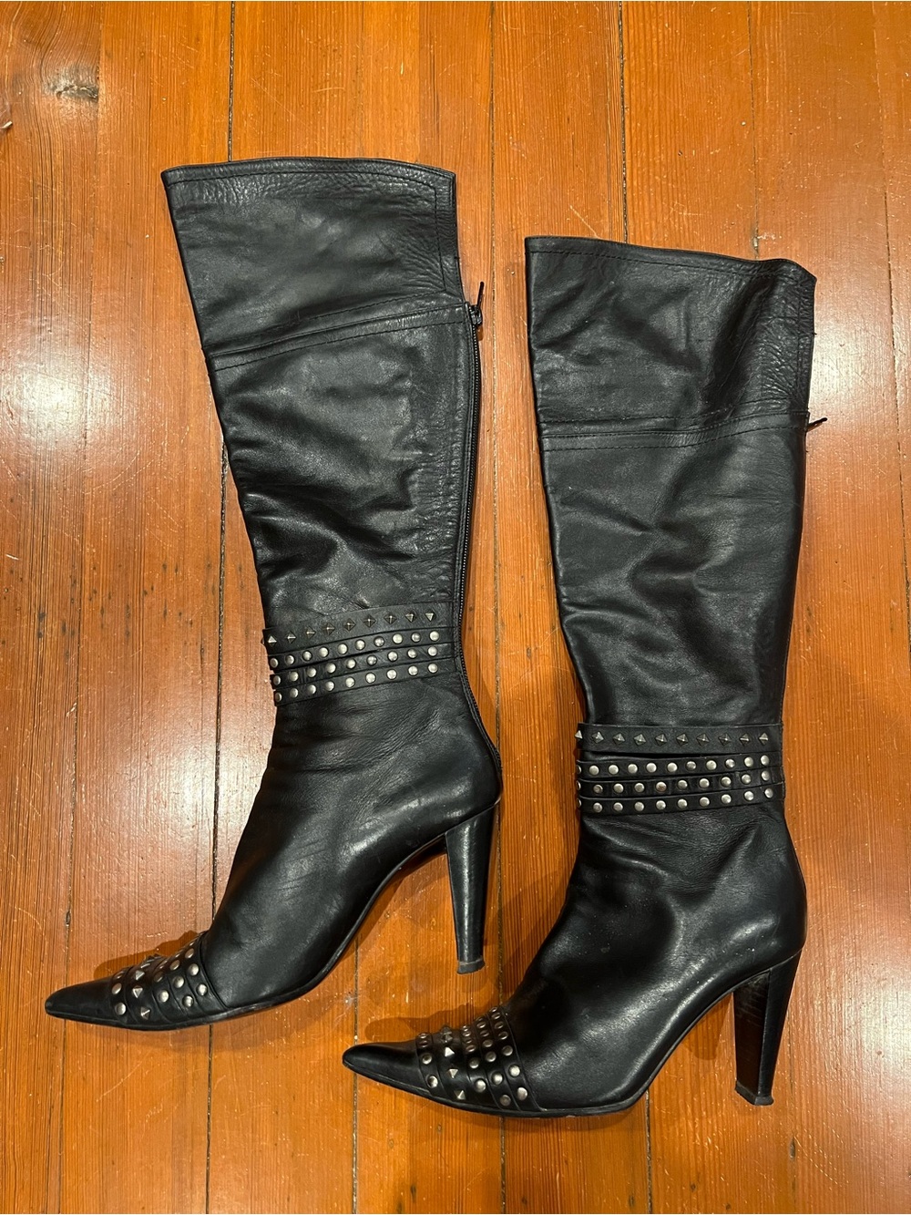 Vintage Y2K Alexander McQueen Black Leather Knee-High Studded Heeled Boots